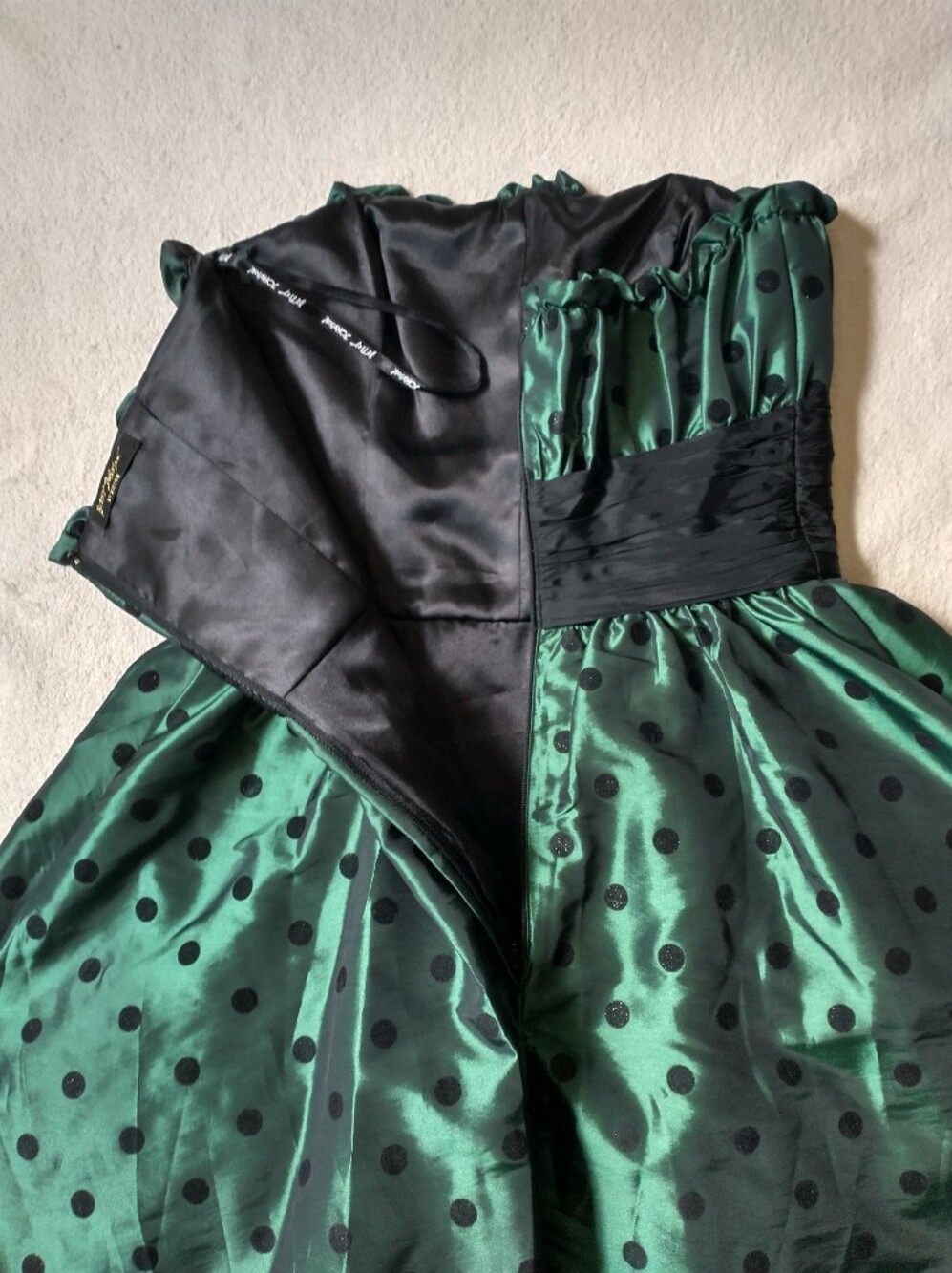 Vtg Betsey Johnson Evening Mini Dress Green Black Strapless Polka Dot Straples - Picture 6 of 12
